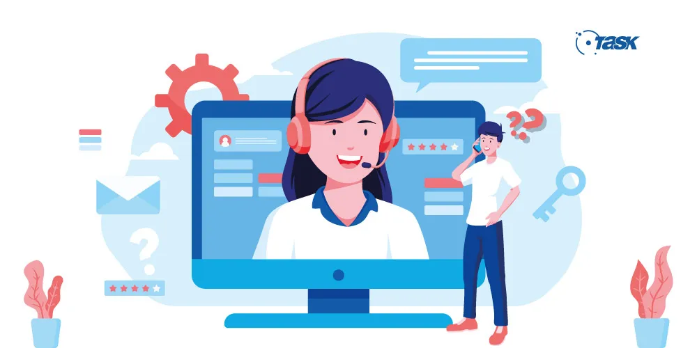 Ilustração de um monitor com uma mulher usando headphone e saindo da tela. Ao lado, um homem utilizando o celular.