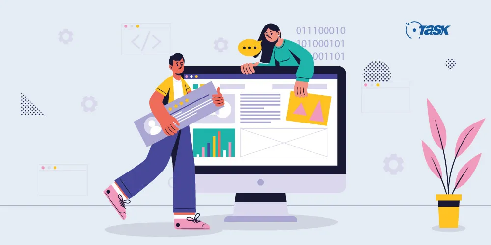Monitor de computador com pessoas em volta criando um site.