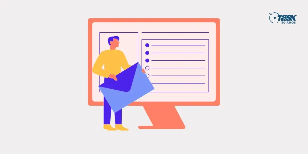 Ilustração com uma pessoa no gênero masculino segurando um envelope e em frente a um monitor de computador.