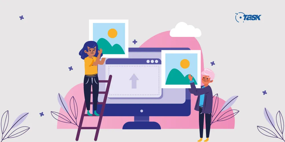 Ilustração de um grande monitor e duas mulheres ao lado escolhendo imagens para o site.