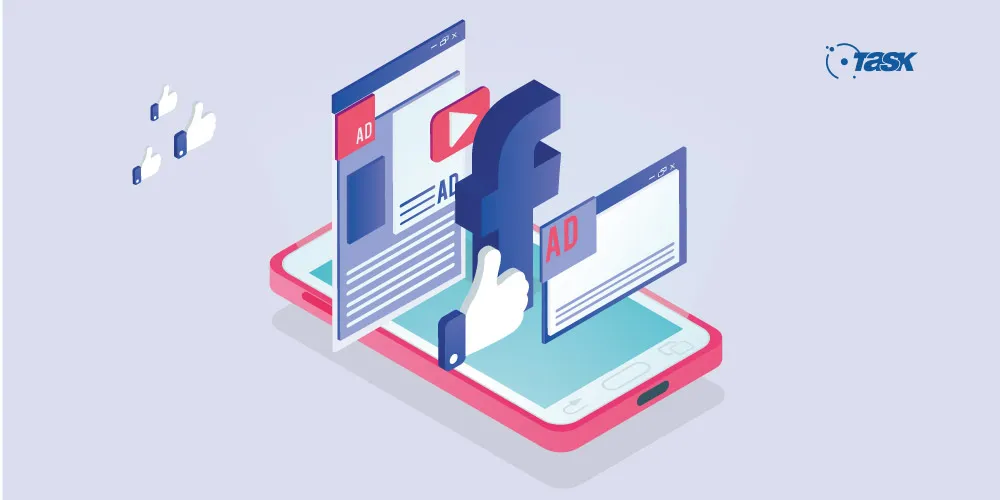 Ilustração de um celular deitado com imagens saindo de sua tela: logo do Facebook e telas de navegadores.