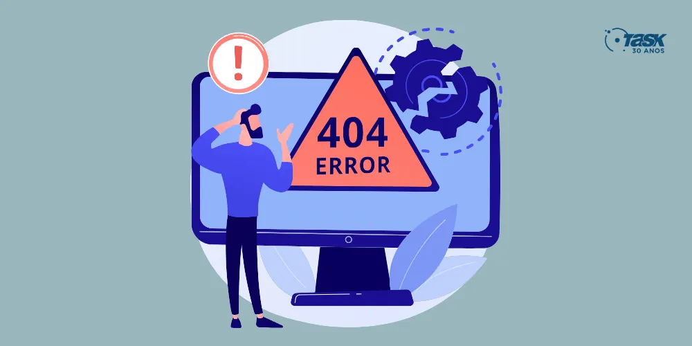 Ilustração com uma pessoa do gênero masculino em frente a uma tela de computador com os dizeres: erro 404.