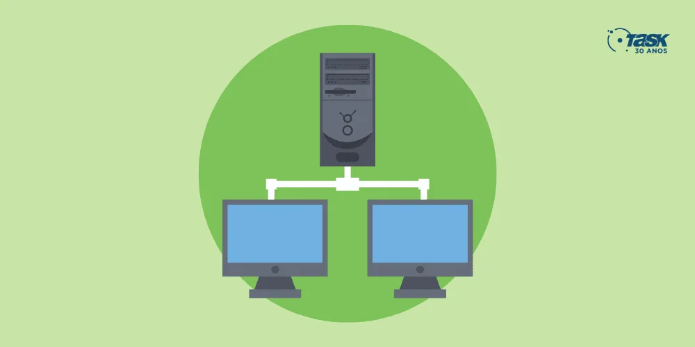 Ilustração de um CPU com dois monitores abaixo, simulando uma hospedagem compartilhada.