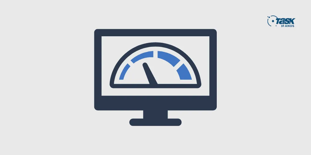 Ilustração de um monitor com um velocímetro na tela para representar a velocidade do site.