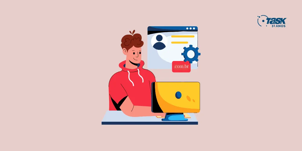 Ilustração de uma pessoa usando um comutador. Atrás dela, uma figura representando um navegador de internet.