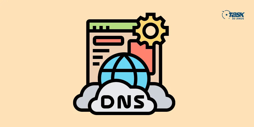 Ilustração contendo um navegador de internet ao fundo e um globo em volta de nuvens, onde em uma está escrito DNS.