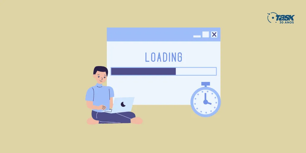 Ilustração de uma pessoa sentada na frente de um navegador web com a palavra loading.