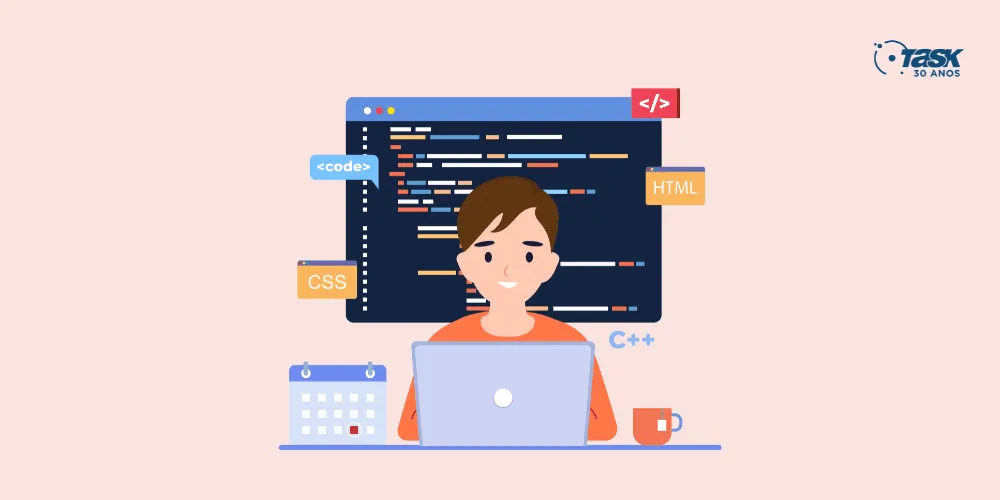 Ilustração com uma pessoa do gênero masculino em frente a um notebook. Atrás de si, uma tela de código de programação.