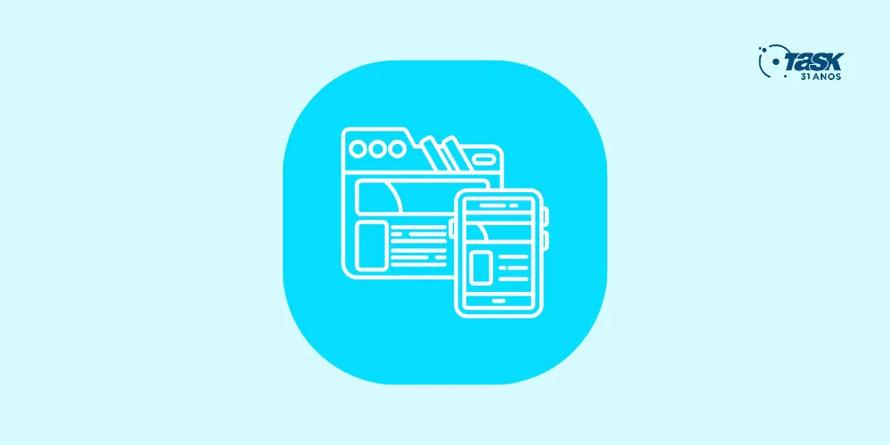 Ilustração de um navegador de internet com um celular na frente, para demostrar um site responsivo.