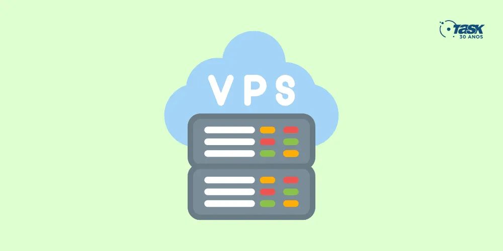 Ilustração de um servidor com a palavra VPS dentro de uma nuvem.