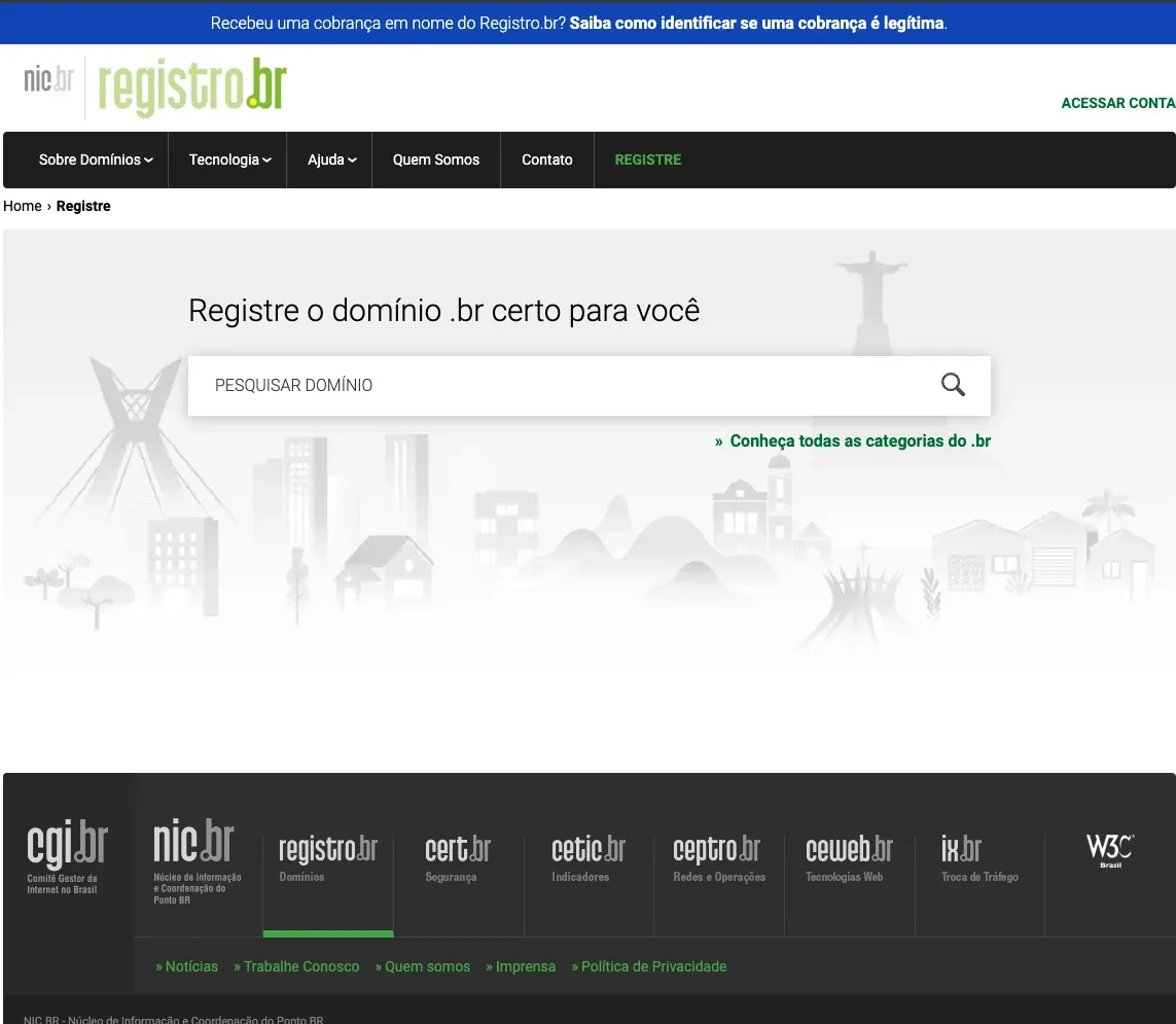 Página de registro de domínio do Registro.br