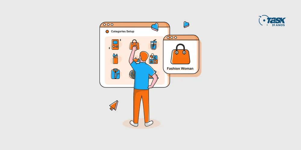 Ilustração de uma pessoa em frente a um grande navegador de internet, simulando uma compra em uma plataforma de e-commerce.