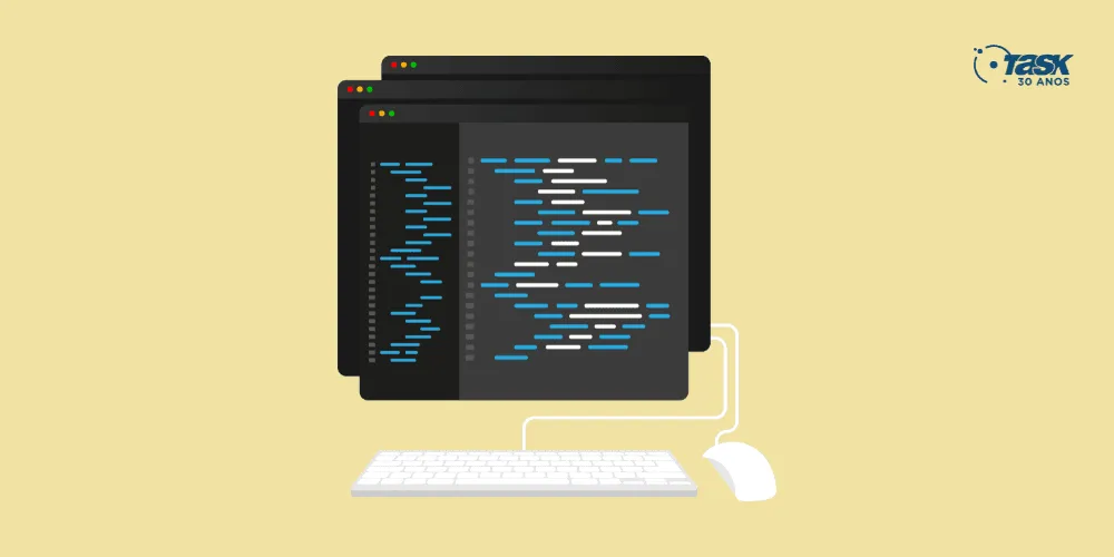 Ilustração de um computador desconstruído. No lugar do monitor há telas de softwares de programação para simular um portfólio dev.