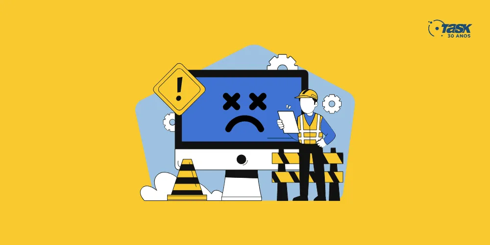 Ilustração de um monitor simulando um site fora do ar. Ao seu redor, uma equipe de "construção" para sinalizar que o site está em manutenção.