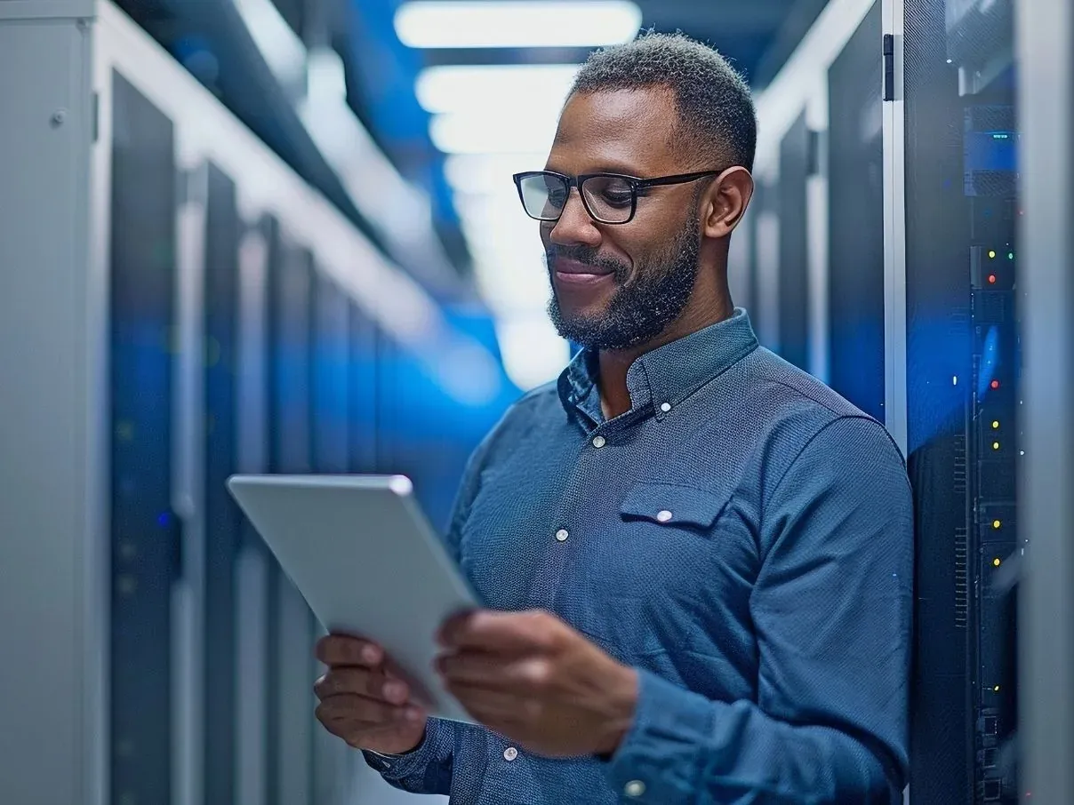 Técnico da Task conferindo o servidor pelo tablet, no data center