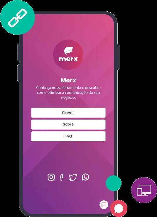 Ilustração de um celular com o minisite do Merx na tela