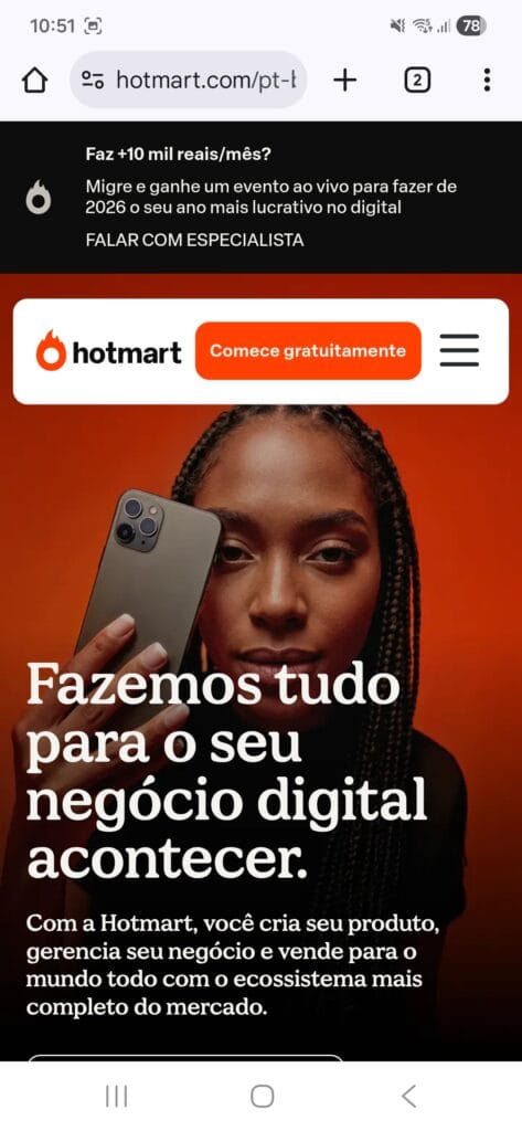 Print da versão responsiva do site da hotmart.