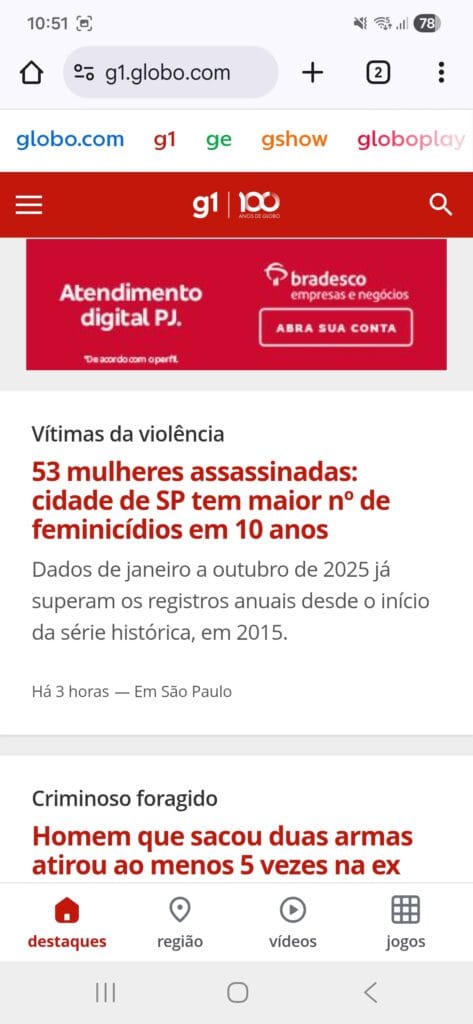 Print da versão responsiva do site da Globo