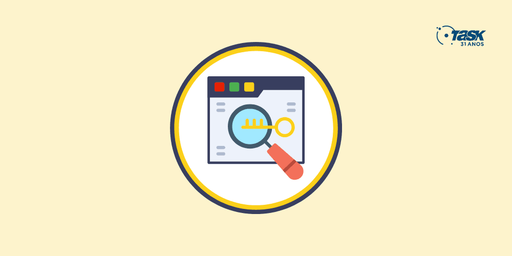 Ilustração de um navegador com uma lupa por cima, demostrando uma pesquisa no Google.