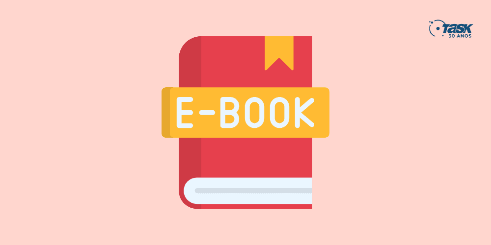 Ilustração de um livro com a palavra e-book na frente.