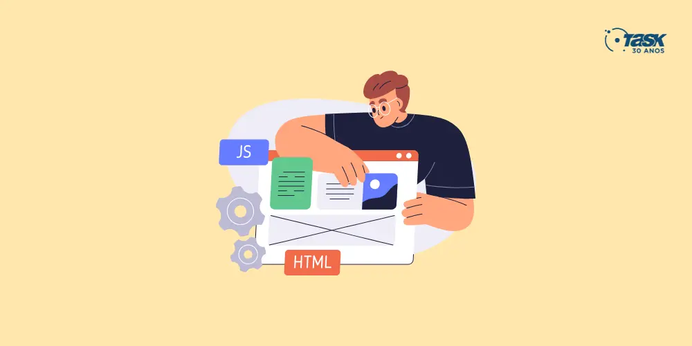 Ilustração com uma pessoa montando um site