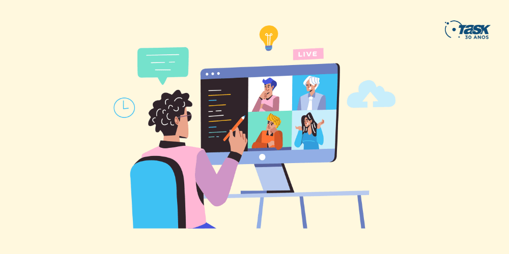 Ilustração de uma pessoa em frente a um monitor que mostra a tela de um curso online.