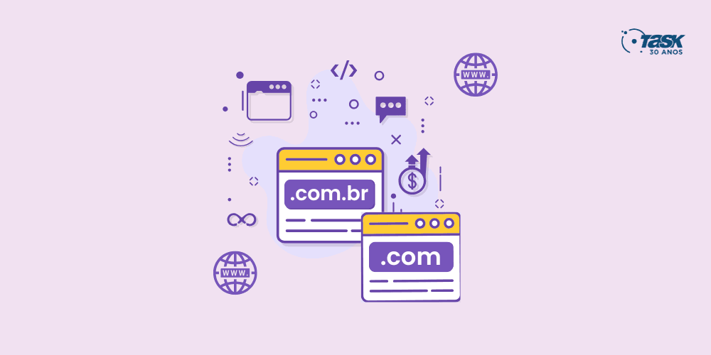 Ilustração de navegadores de internet com extensões ".com" e ".com.br".