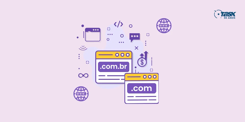 Ilustração de navegadores de internet com extensões ".com" e ".com.br".