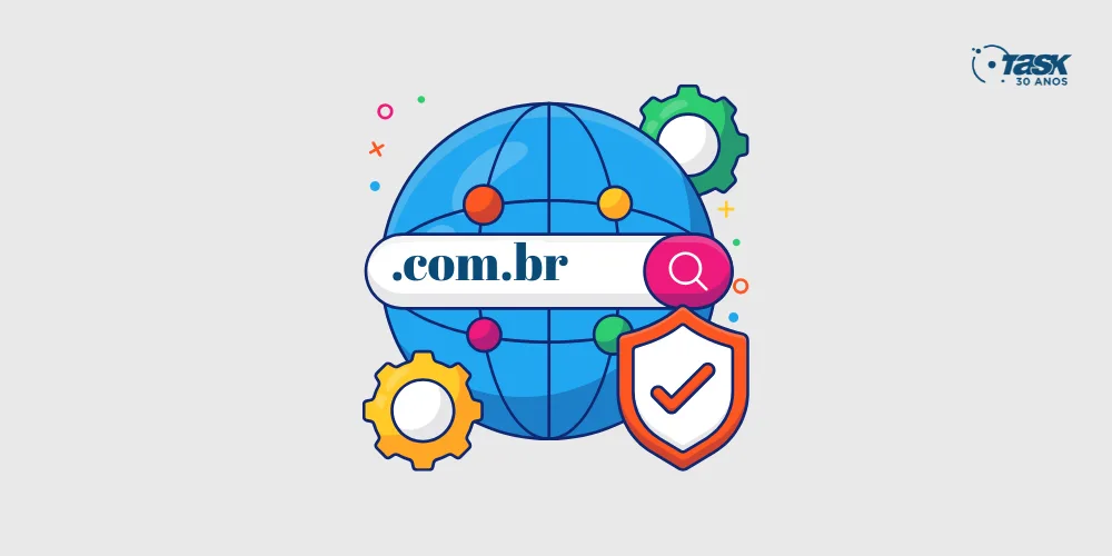 Ilustração de um globo terrestre com a extensão de domínio ".com.br" na frente, demostrando um domínio estacionado.