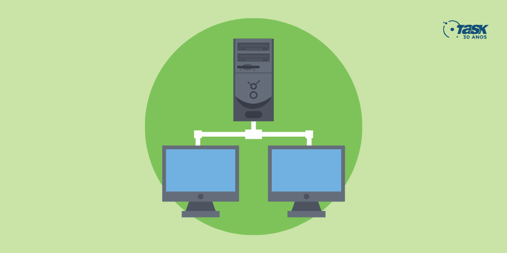 Ilustração de um CPU com dois monitores abaixo, simulando uma hospedagem compartilhada.