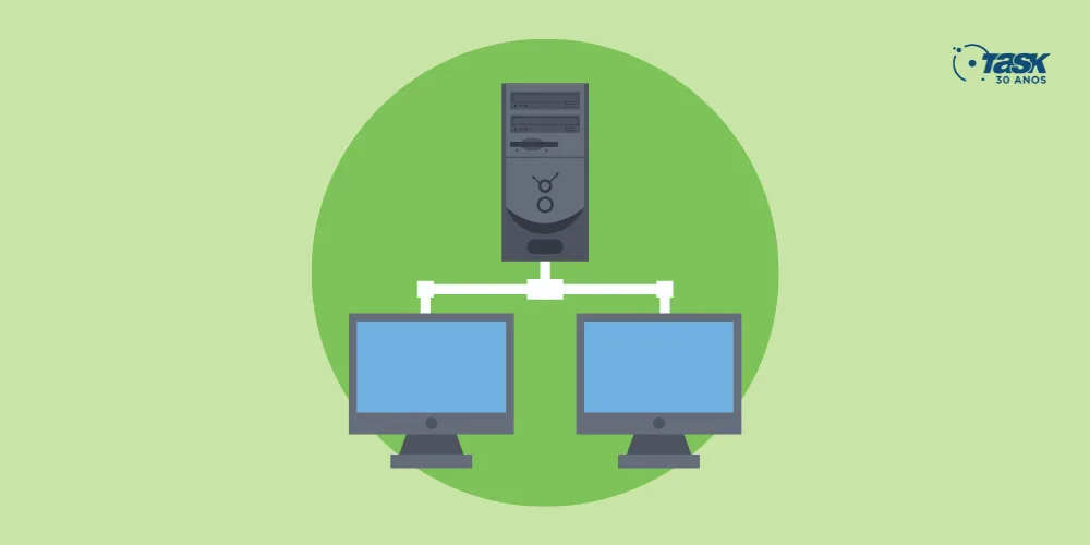 Ilustração de um CPU com dois monitores abaixo, simulando uma hospedagem compartilhada.