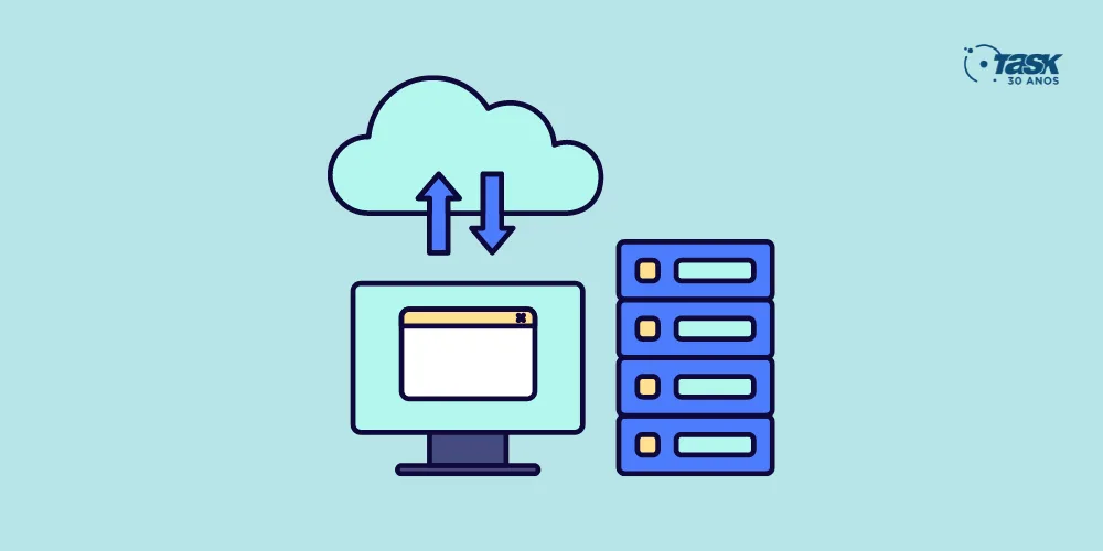 Ilustração de um monitor e uma CPU para demostrar uma hospedagem dedicada.