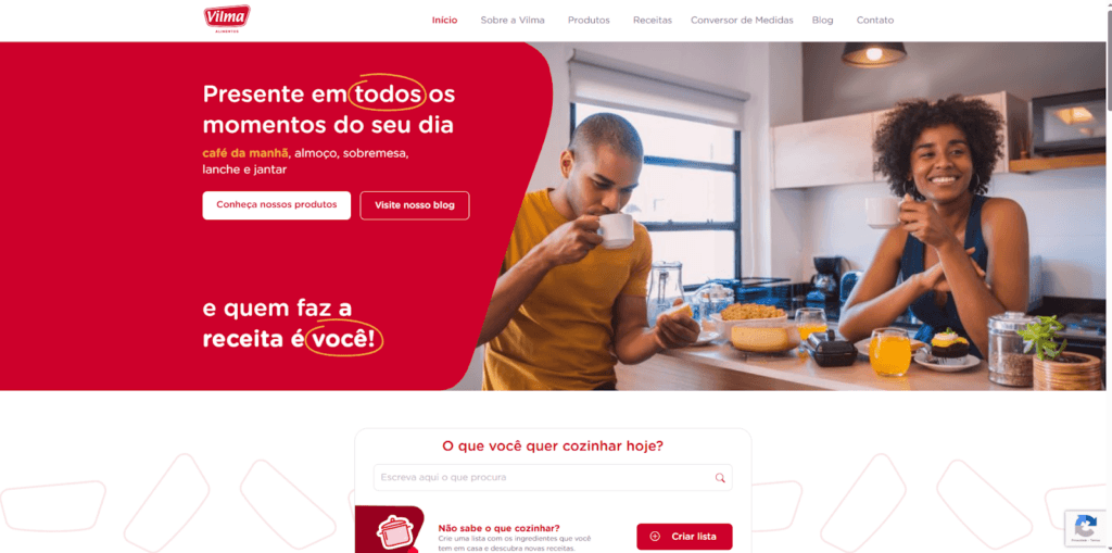 Print do site da Vilma alimentos para exemplificar um site institucional.