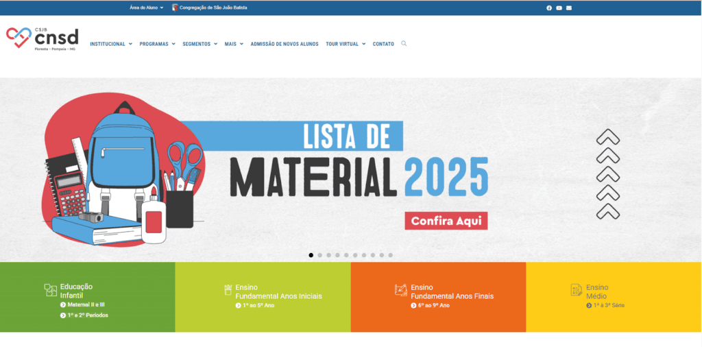 Print do site do Colégio Nossa Senhora das Dores para exemplificar um site institucional.