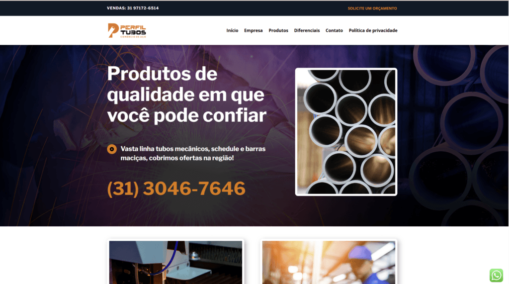 Print do site da Perfil Tubos para exemplificar um site institucional.