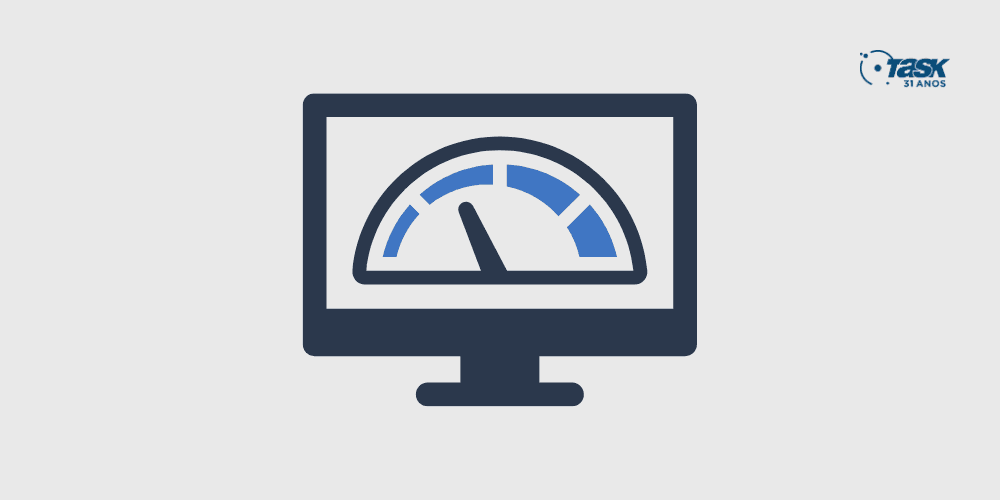 Ilustração de um monitor com um velocímetro na tela para representar a velocidade do site.