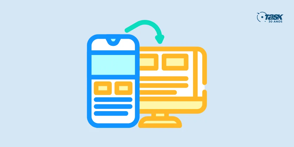 Ilustração de um celular na frente de um monitor de computador.