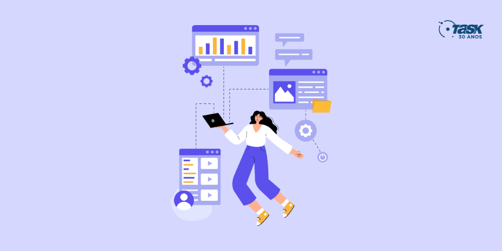 Ilustração de imagem de uma figura humana rodeada de telas de navegador.