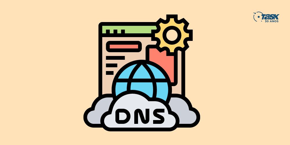Ilustração contendo um navegador de internet ao fundo e um globo em volta de nuvens, onde em uma está escrito DNS.