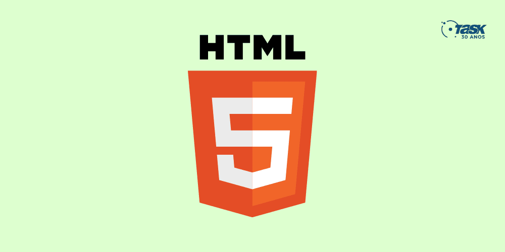 Ilustração com uma palavra escrito HTML e um escudo com o número cinco embaixo.