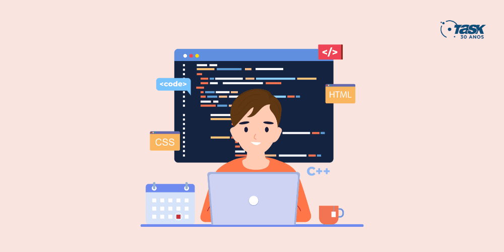 Ilustração com uma pessoa do gênero masculino em frente a um notebook. Atrás de si, uma tela de código de programação.