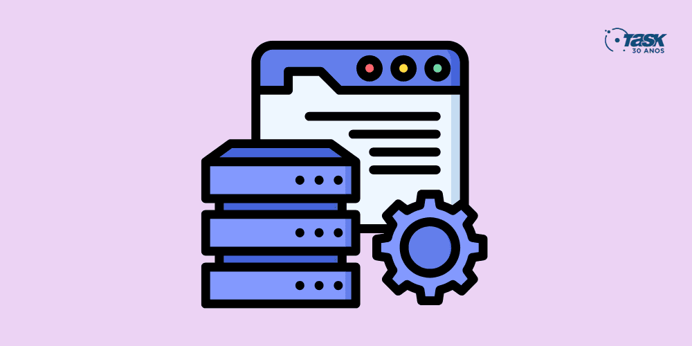 Ilustração contendo um navegador de internet, um cpu de computador e uma engrenagem para simular um servidor web.