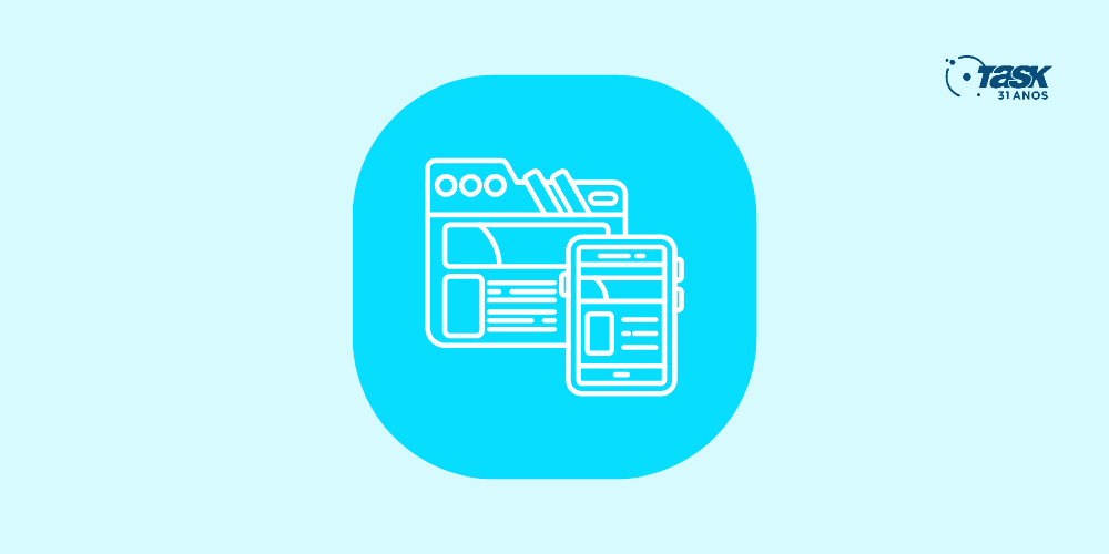 Ilustração de um navegador de internet com um celular na frente, para demostrar um site responsivo.