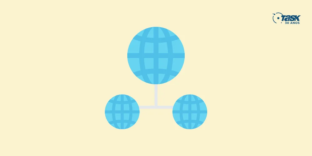 Ilustração com três globos representando subdomínios.