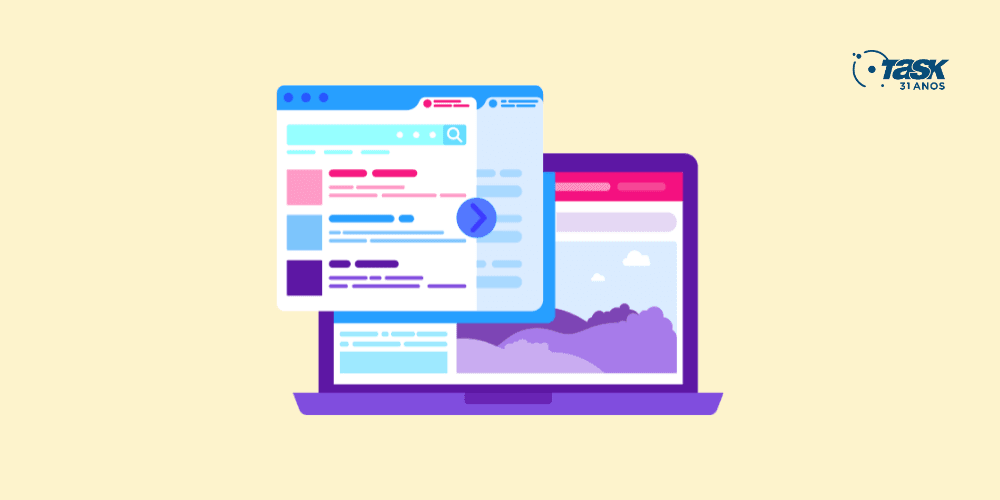 Ilustração de um notebook com uma tela de navegador saindo, simulando um template de site.