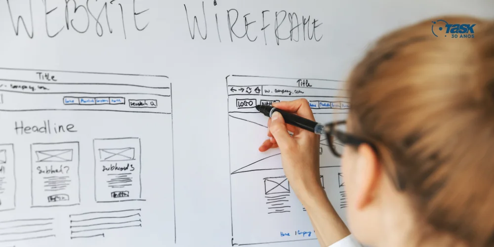 Imagem com uma mulher fazendo um wireframe num quadro branco.