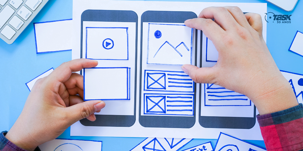 Imagem com um exemplo de wireframe para aplicativo de celular.