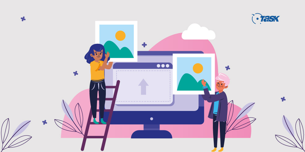 Ilustração de um grande monitor e duas mulheres ao lado escolhendo imagens para o site.