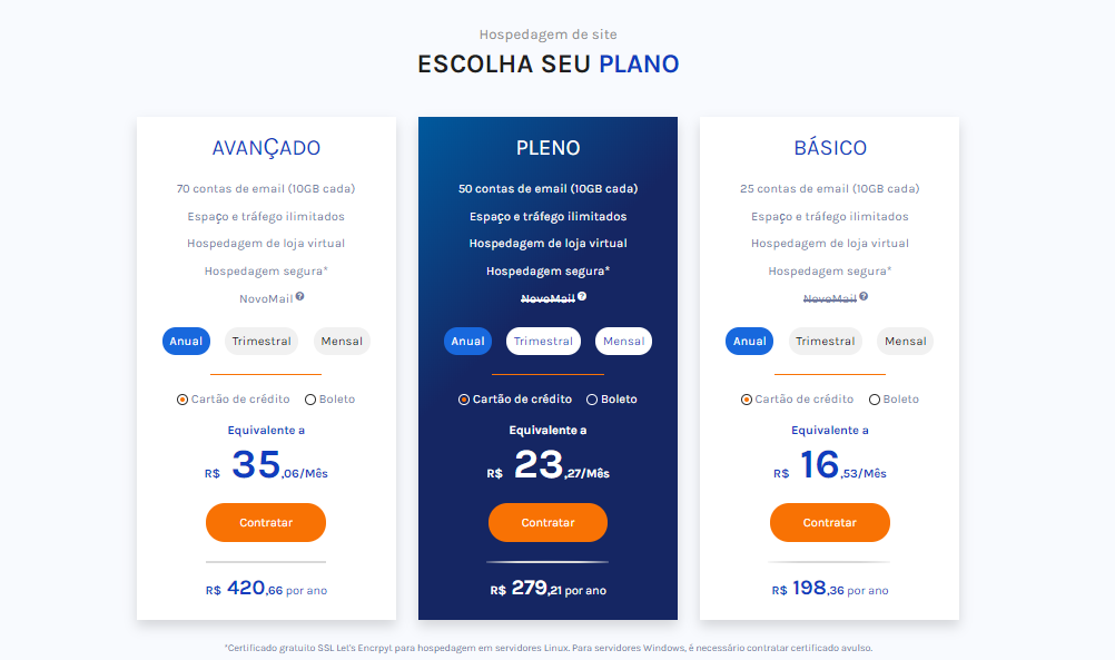 Planos de hospedagem de site da Task