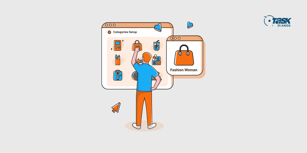 Ilustração de uma pessoa em frente a um grande navegador de internet, simulando uma compra em uma plataforma de e-commerce.